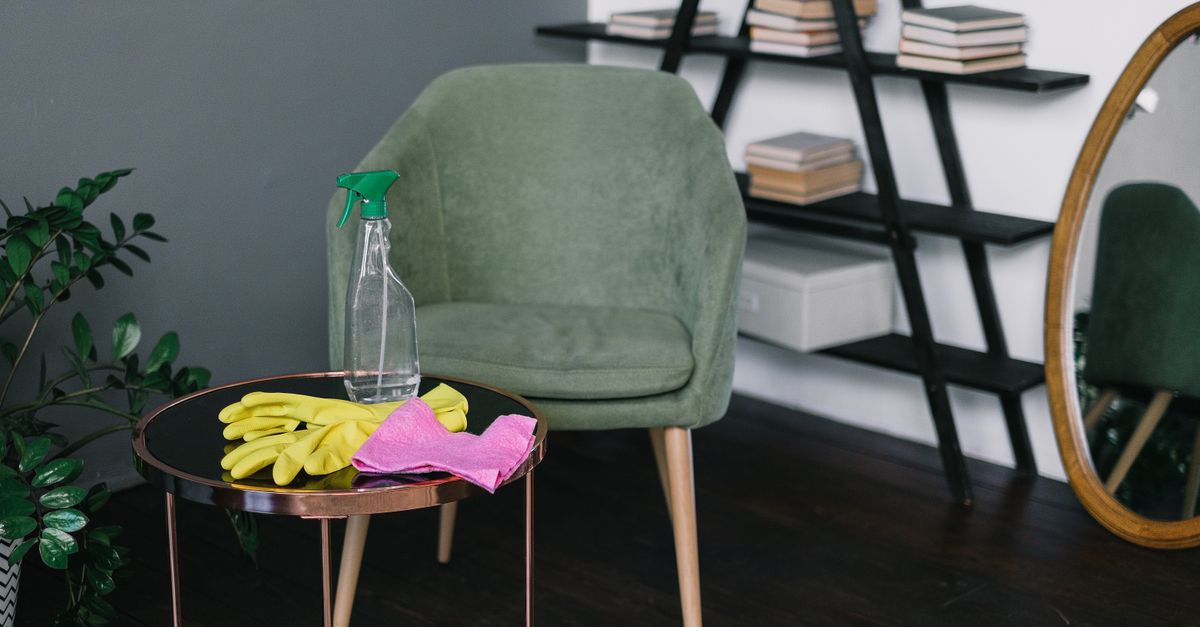 Cleaning supplies and a spray bottle