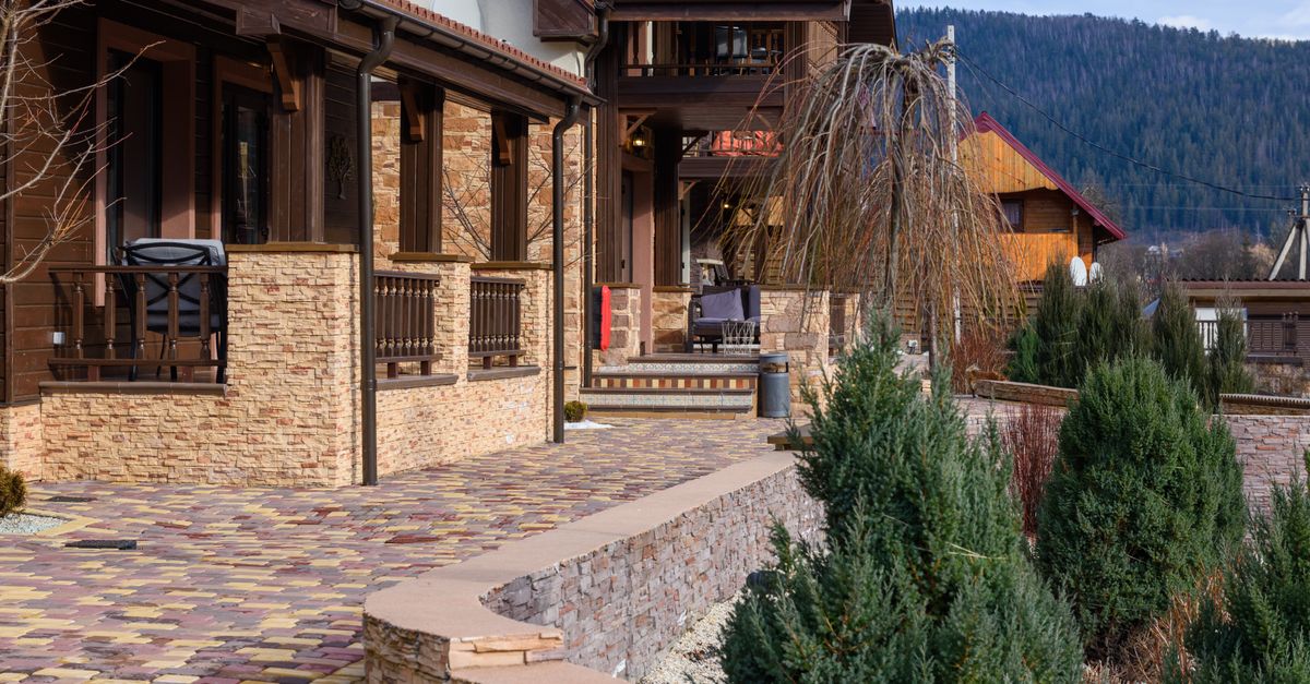 A pine-country landscaped yard