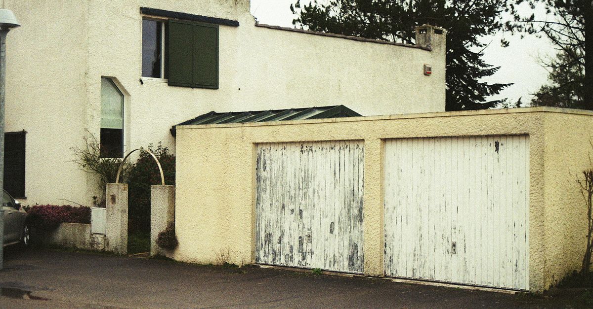 A closed residential garage door