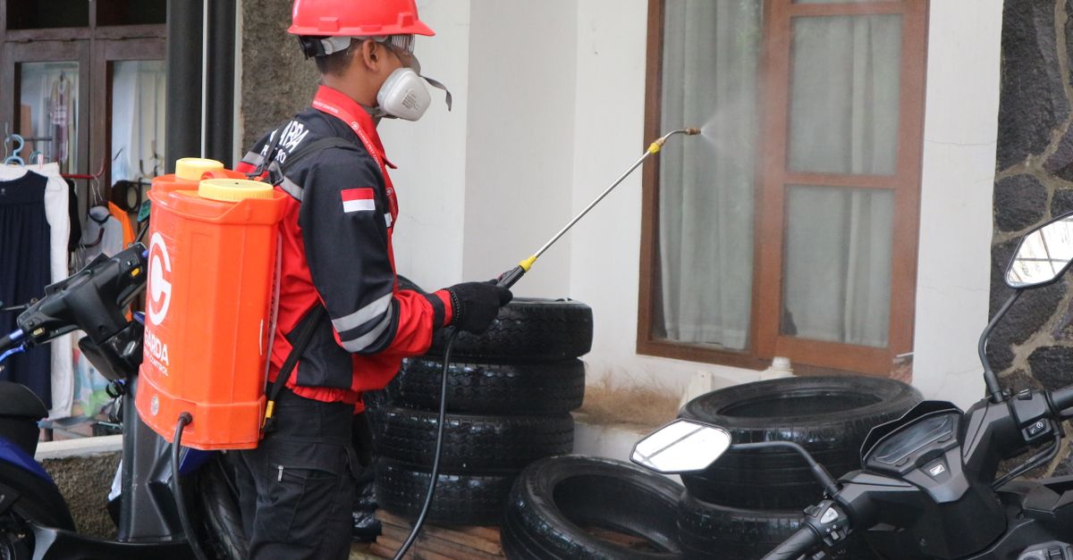 A technician spraying along a foundation