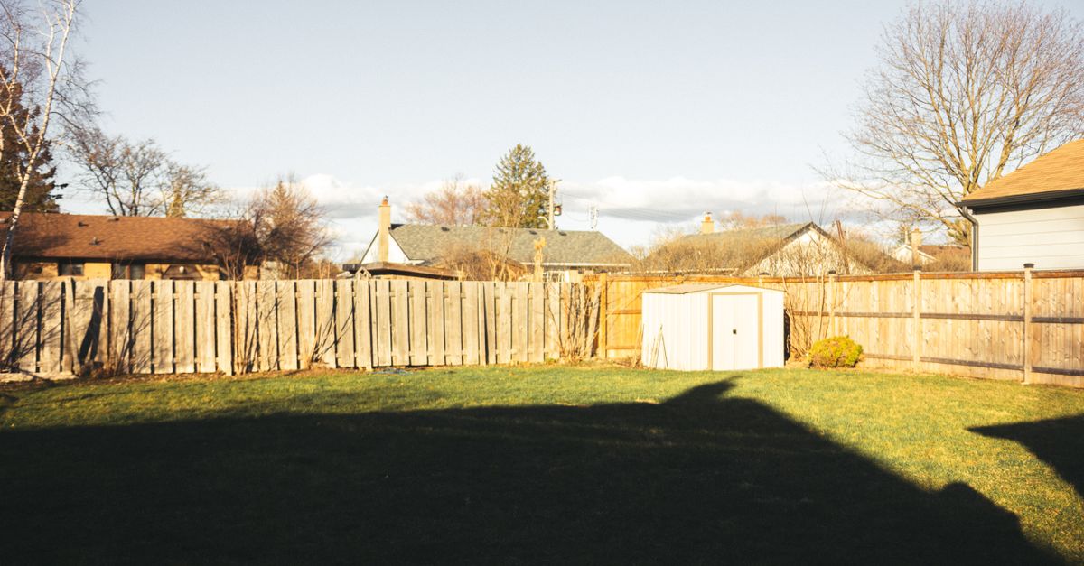 A fence line along a backyard property boundary